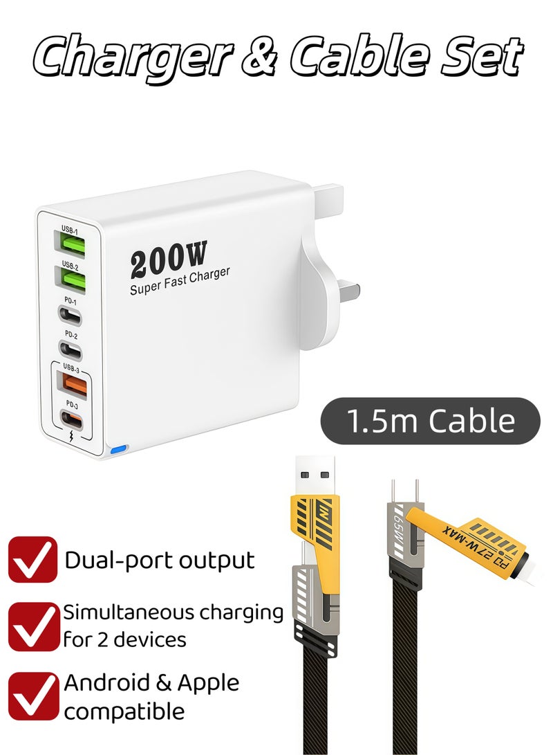 شو وو شاحن وكابل، محول شحن فائق السرعة متعدد الوظائف، شاحن حائط للهواتف المحمولة، محول طاقة للسفر، 200 واط (بريطاني)، 6 منافذ، كابل بطول 1.5 متر، تقنية الشحن السريع PD QC 3.0 من النوع C، تحكم ذكي في درجة الحرارة، متوافق مع iPhone 15/14/13 Pro Max، Samsung Galaxy S23/S22، iPad، OnePlus، Pixel، AirPods وغيرها (شاحن 200 واط وكابل 1.5 متر، أبيض) - Image 1